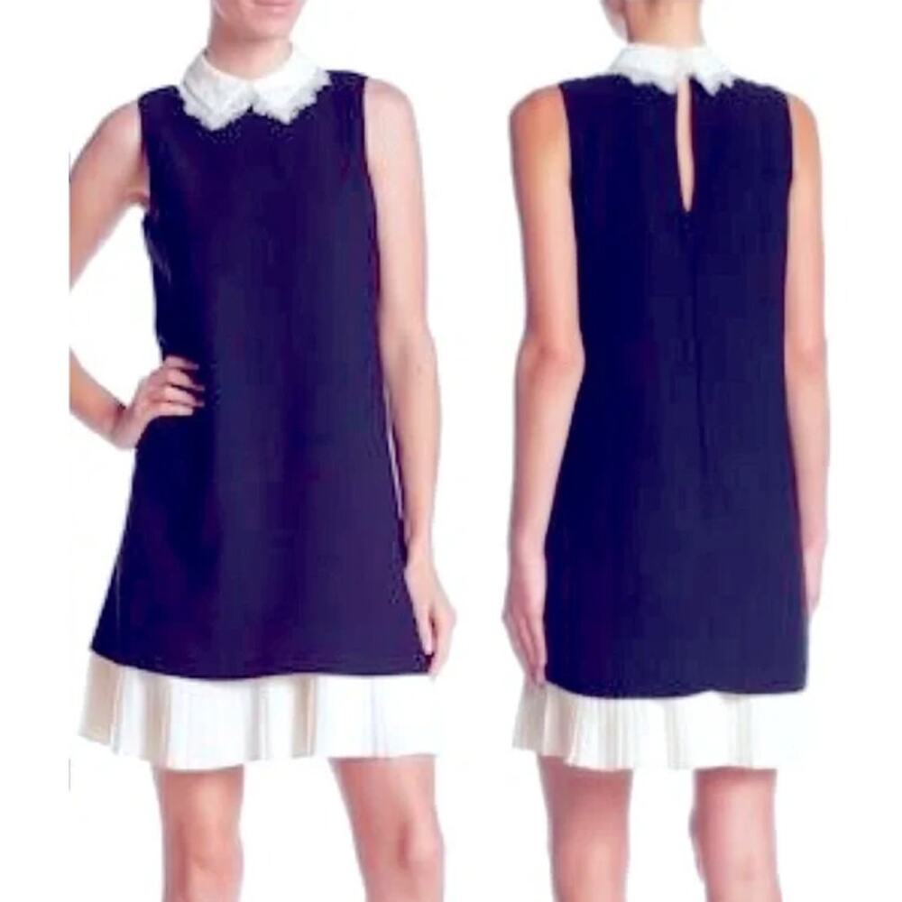 NWT NANETTE LEPORE Navy Cream Sleeveless Lace Collar Babydoll Shift Twee Dress 8